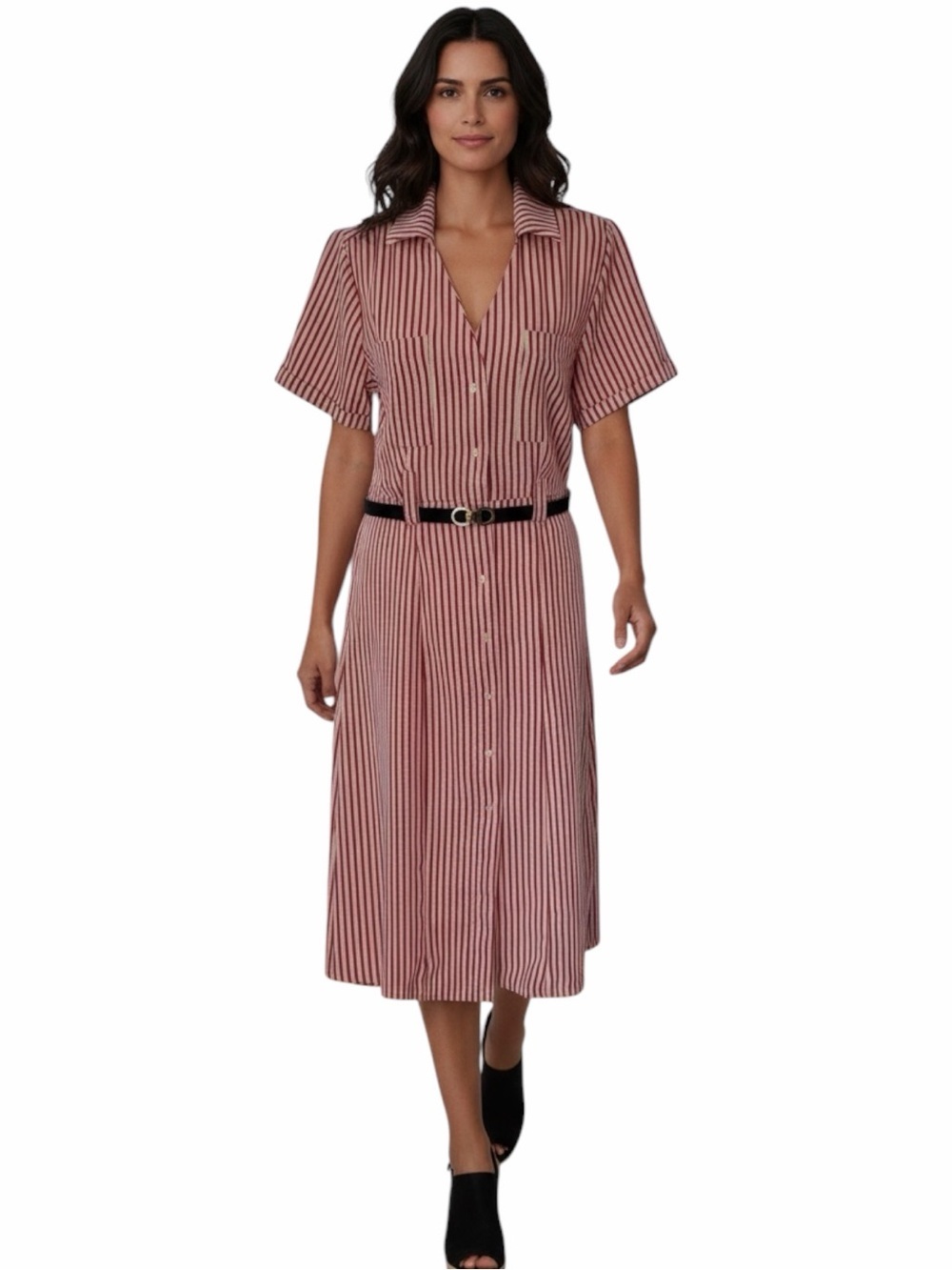 ☆𝐒𝐨𝐥𝐝☆ Vintage-Inspired FASHION NOVA Pink & White Striped Button-Front Dress. - Picture 4 of 14